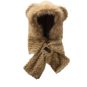 Khaki bear ear hooded scarf with thick faux fur trim and warm knit texture for winter