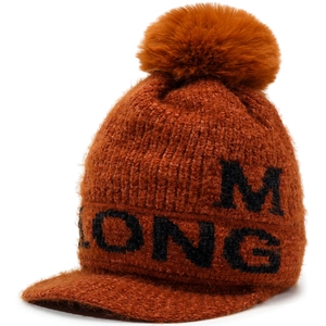 Orange chenille knit beanie with fur pom-pom and M LONG lettering on white background