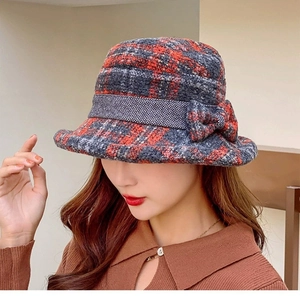 Women Vintage Plaid Bucket Hat Elegant Bowknot Tweed Style Cloche Hat Autumn Winter Warm Knitted Sun Hat For Lady Fashion