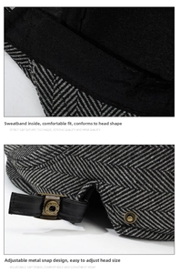 Detail view of the black and gray herringbone beret showing adjustable leather strap and sweatband