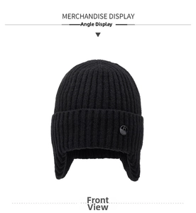 Front view of black ribbed knit winter hat with ear flaps and R-logo detail