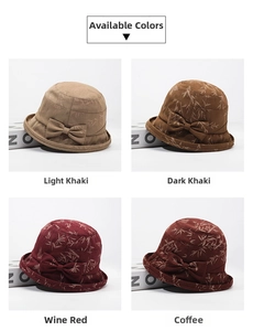 Detail display of four color options for the floral printed sun hat with bow decoration