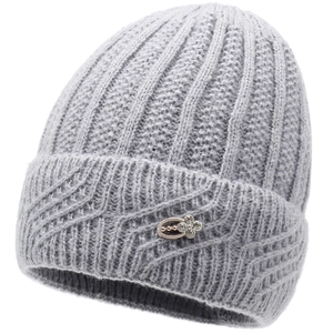 Thick light gray knitted winter hat for elderly women with clover rhinestone brooch