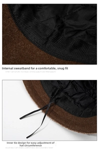 Detail view of winter knit bucket hat with quilted lining and adjustable inner drawstring
