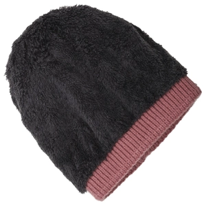 Close-up of black fleece winter hat with pink ribbed knit cuff and warm lining texture