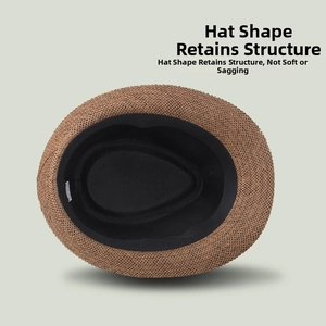 Detailed interior of a brown woven straw fedora hat showing its firm structure and sweatband