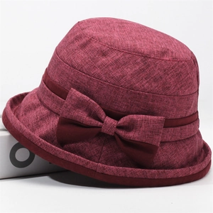 Cappello a secchiello bordeaux da donna con fiocco elegante e tesa arrotolata