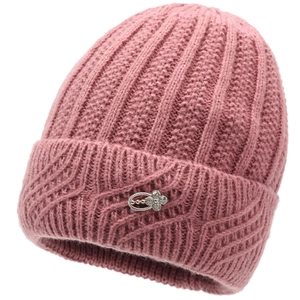 Pink rib-knit winter beanie for elderly women featuring thick thermal lining and clover pin