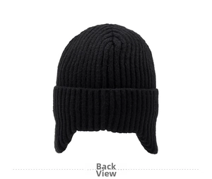 Rear view of black ribbed knit earflap hat with thick thermal lining and soft wool texture