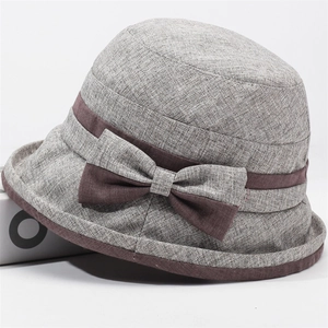 Cappello da sole pieghevole da donna con fiocco in tessuto di lino grigio traspirante