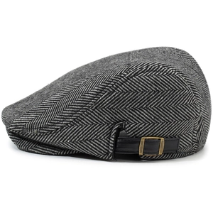 Retro herringbone flat cap for men with adjustable leather strap and bronze buckle