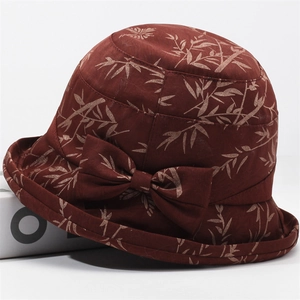 Women Vintage Polyester Floral Print Bucket Hat With Bowtie Sunshade Windproof Outdoor Foldable Travel Sun Hat For Ladies