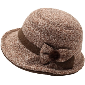 Winter brown knitted cloche bucket hat with bow accent and fuzzy ball for women