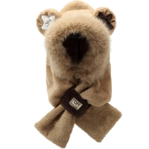 Detailed close-up of khaki plush bear hood scarf set with embroidered ear and logo tag