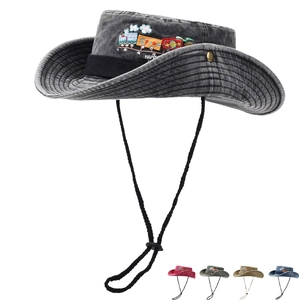 Chapeau Bob Style Cowboy Occidental Avec Bord Large Protection Solaire Polyester Broderie de Train Corde Coupe-vent Réglable Extérieur Randonnée pour Femme