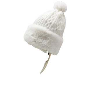 Winter thick knit trapper hat with white faux fur lining and plush pompom ear flaps