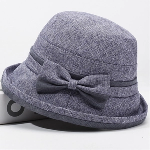 Cappello da sole grigio-blu da donna con fiocco decorativo e tesa arrotolata chic