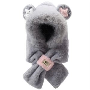 Detail of gray plush earflap hat with pink faux fur accents and cute bear ear design