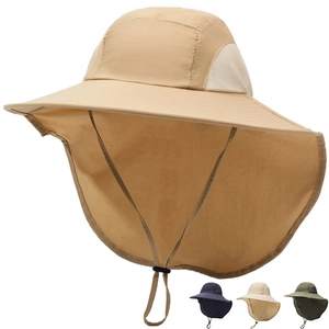 Close-up of wide brim sun hat with mesh vents and long neck protective flap