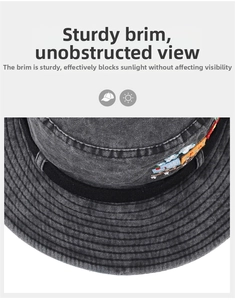 Détail des coutures du bord large et broderie colorée sur un chapeau bob en denim