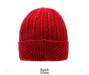 Rear view of red winter knit hat for elderly women showing thick ribbed texture