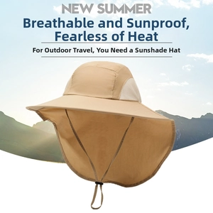Detail of khaki sun hat with wide brim, neck flap and breathable mesh for hiking