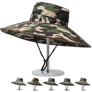 15cm Large Brim Camouflage Bucket Hat For Men Outdoor Fishing Sun Protection Breathable Mesh Adjustable Wind Rope Safari Hat