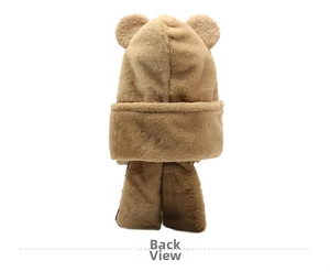 Rear view of thick plush brown bear-ear hooded scarf with soft fluffy texture for winter