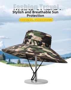 Detail of outdoor sun hat featuring camouflage pattern and black breathable mesh panels