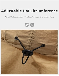 Macro detail of adjustable elastic drawstring and plastic toggle on khaki fishing hat