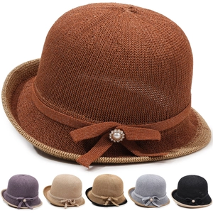 Women Knitted Bucket Hat Breathable Foldable Sun Protection Cloche With Artificial Pearl Rhinestone Bow Contrast Color Edge Elegant