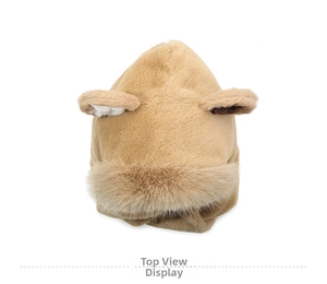 Overhead shot showing the fluffy texture and faux fur lining of this brown plush winter hat