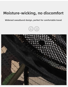 Macro detail of breathable mesh lining and widened sweatband on outdoor camouflage hat