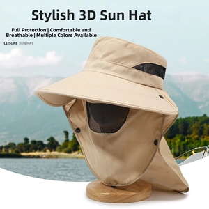 Detail of khaki outdoor fishing hat with face shield and neck flap on wooden stand