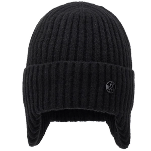 Winter men's black knit earflap hat with thick ribbed texture and circular RZG emblem