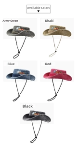 Détail des chapeaux soleil enfant avec broderie train en cinq couleurs et cordons réglables