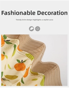 Detail of wide wavy brim sun hat featuring khaki cotton twill and orange print lining