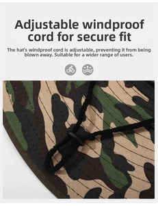Detail of adjustable windproof drawstring and sturdy buckle on camouflage sun hat
