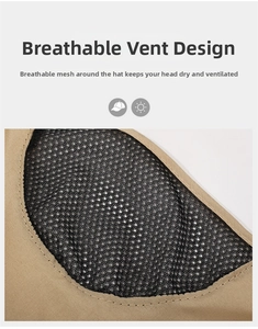 Detail of khaki outdoor hat featuring breathable black nylon mesh and reinforced stitching