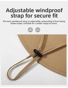 Close-up of adjustable windproof chin strap and neat stitching on sun hat brim