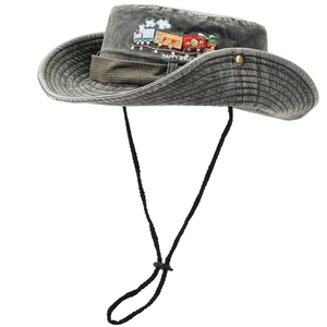 Chapeau de soleil olive à large bord avec broderie de train et cordon réglable