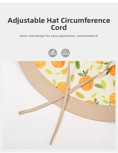 Detail of adjustable inner drawstring on a citrus print sun hat for custom fit