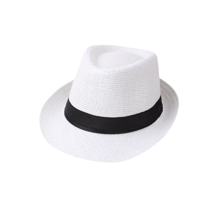Summer white Panama straw hat with black ribbon, breathable sun protection for beach travel