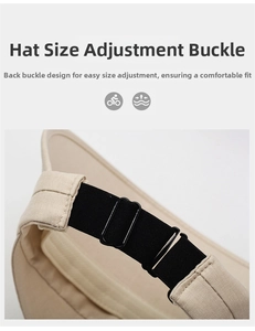 Detail of adjustable black elastic strap and buckle on beige sun hat for custom fit