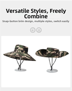 Detail of camouflage outdoor sun hat with 15cm wide brim and breathable mesh vents