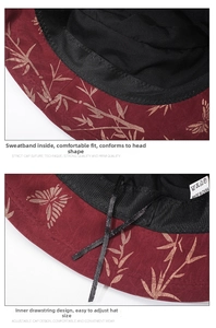 Detail of the wine red bucket hat showing the adjustable inner strap and sweatband feature