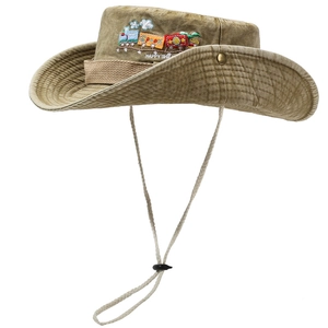 Chapeau de soleil style cowboy kaki avec broderie train et cordon de serrage réglable
