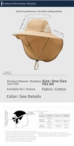Size chart showing 56-60cm adjustable outdoor sun hat with measuring guide and dimensions