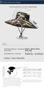 Detail view of camouflage sun hat showing 15cm wide brim and breathable mesh texture