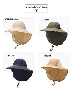 Detail of outdoor sun hats in four colors with neck protection and breathable fabric